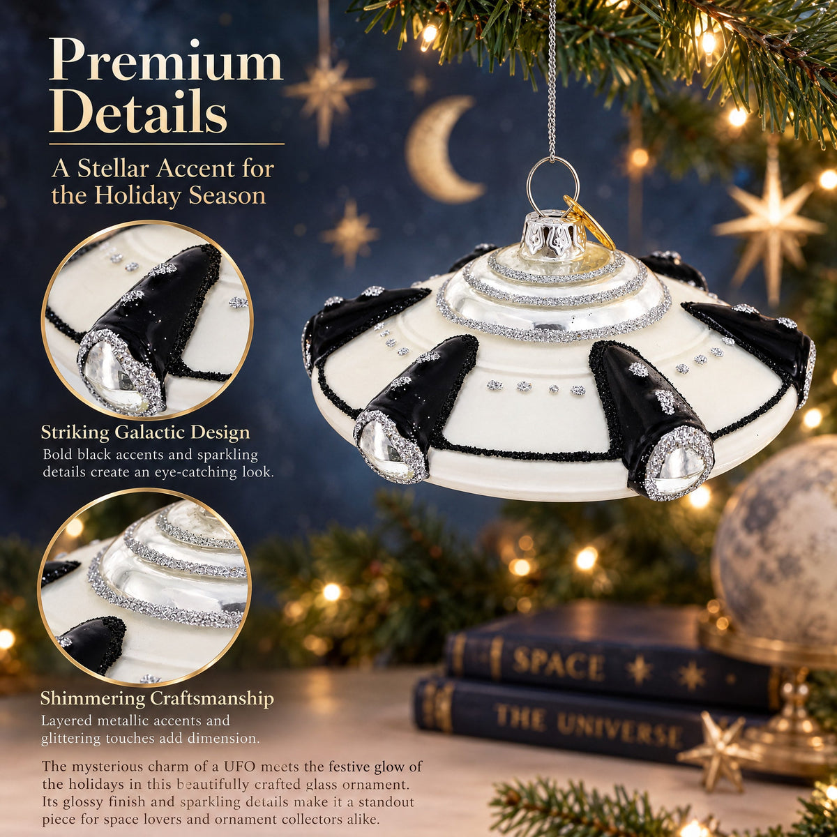 Intriguing UFO/ Alien Spaceship Glass Christmas Ornament