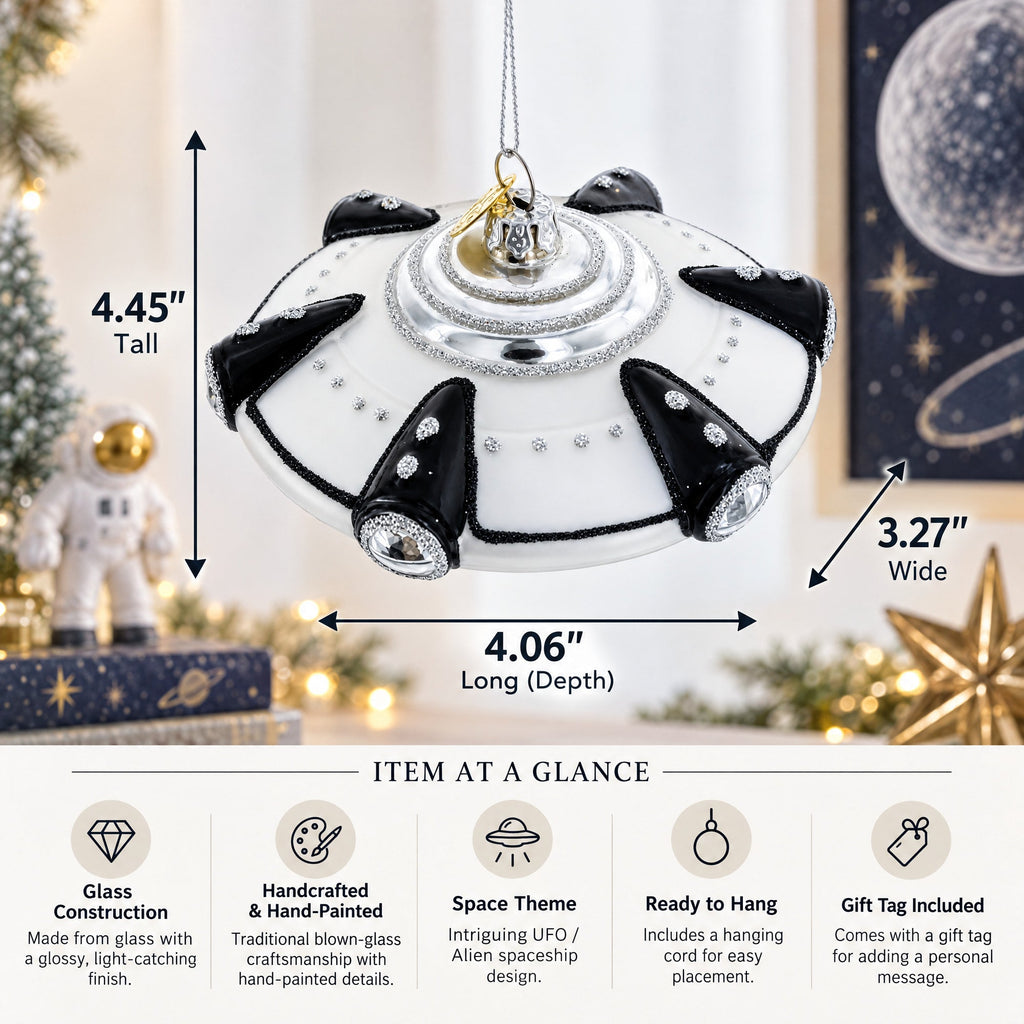 Intriguing UFO/ Alien Spaceship Glass Christmas Ornament