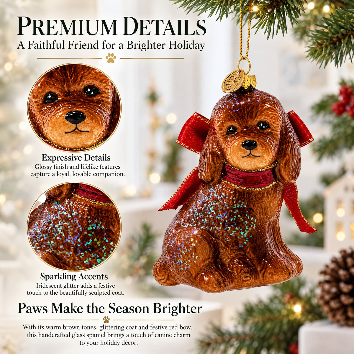 Glittery Spaniel Dog Glass Christmas Ornament
