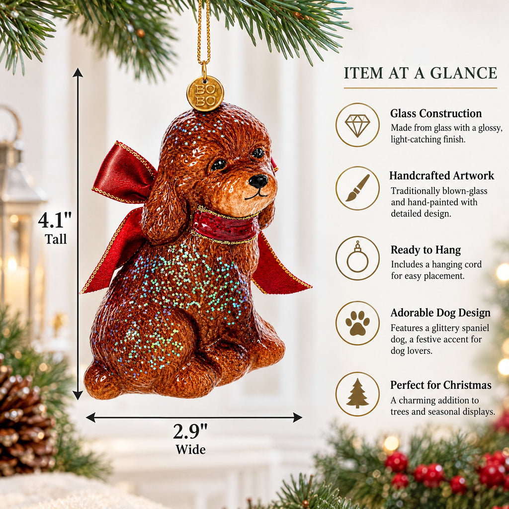 Glittery Spaniel Dog Glass Christmas Ornament