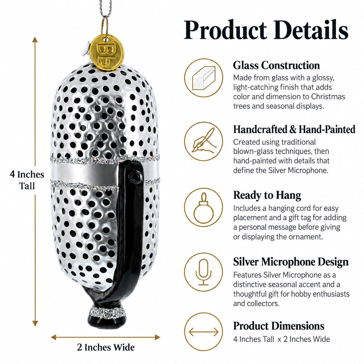 Silver Microphone Glass Christmas Ornament