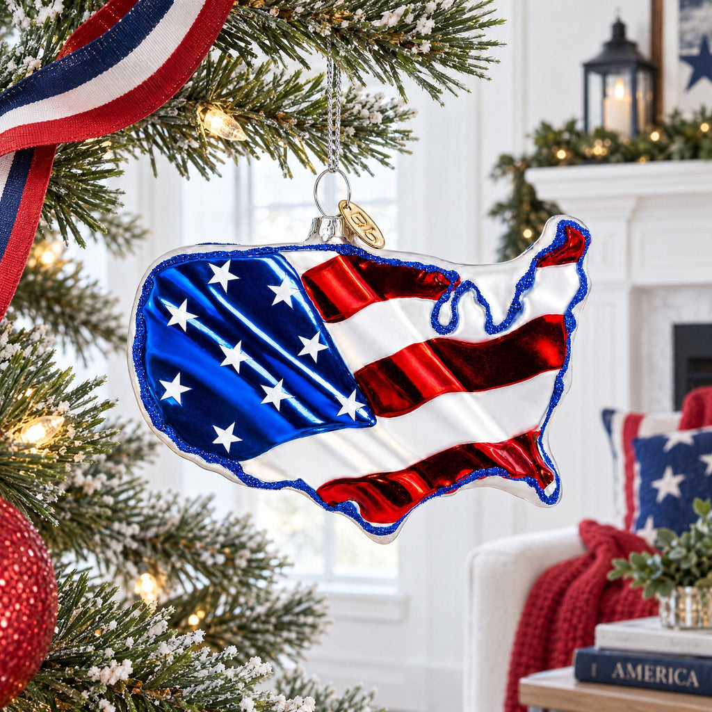 United States Flag on Map Glass Christmas Ornament