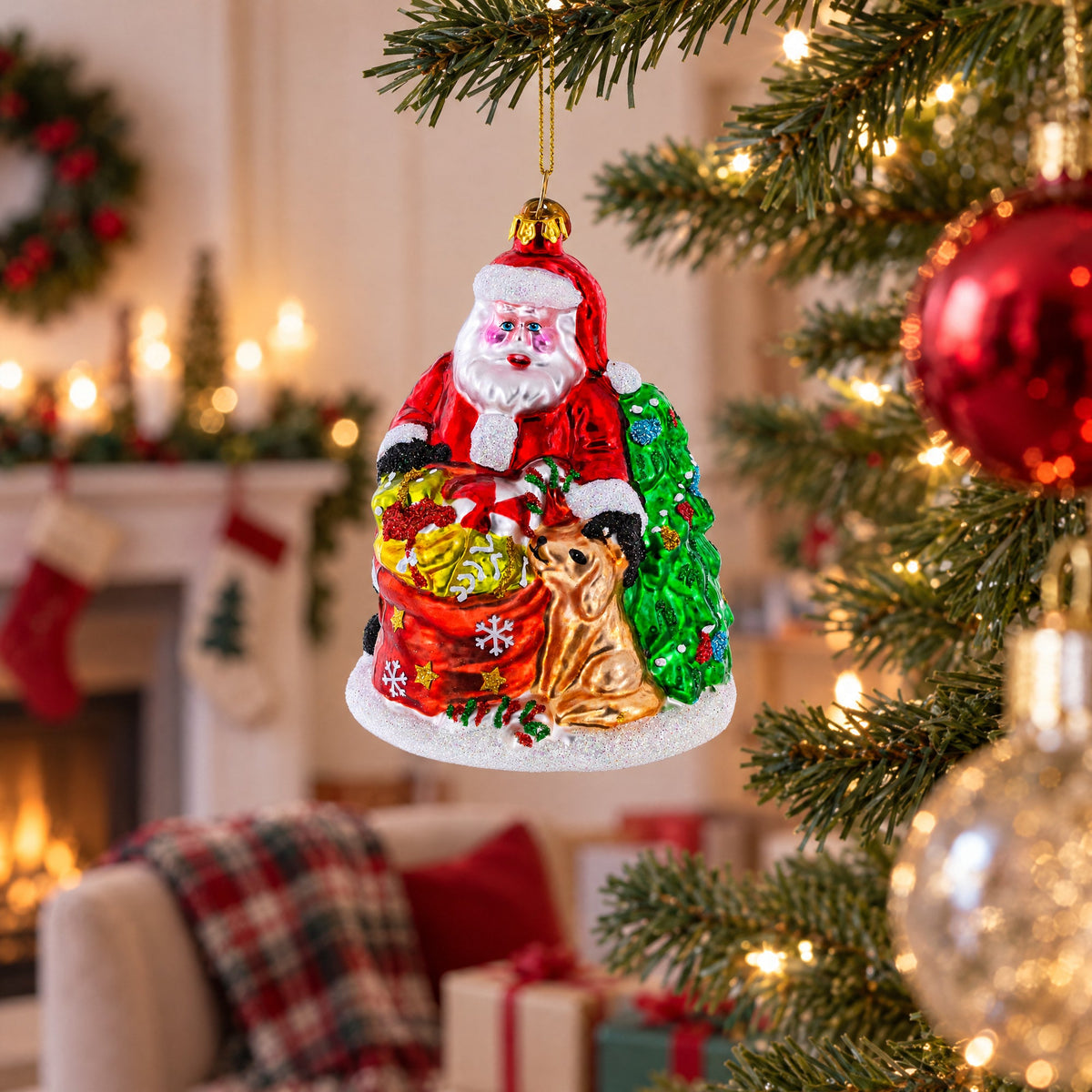 Santa with Puppy and Christmas Tree Glass Christmas Ornament