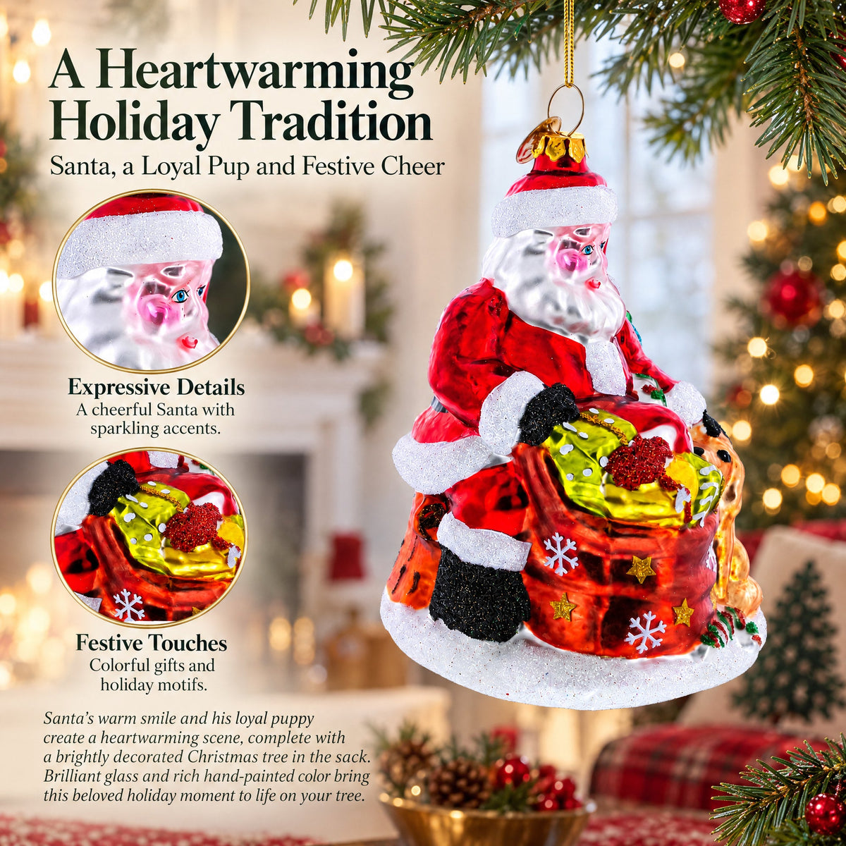 Santa with Puppy and Christmas Tree Glass Christmas Ornament