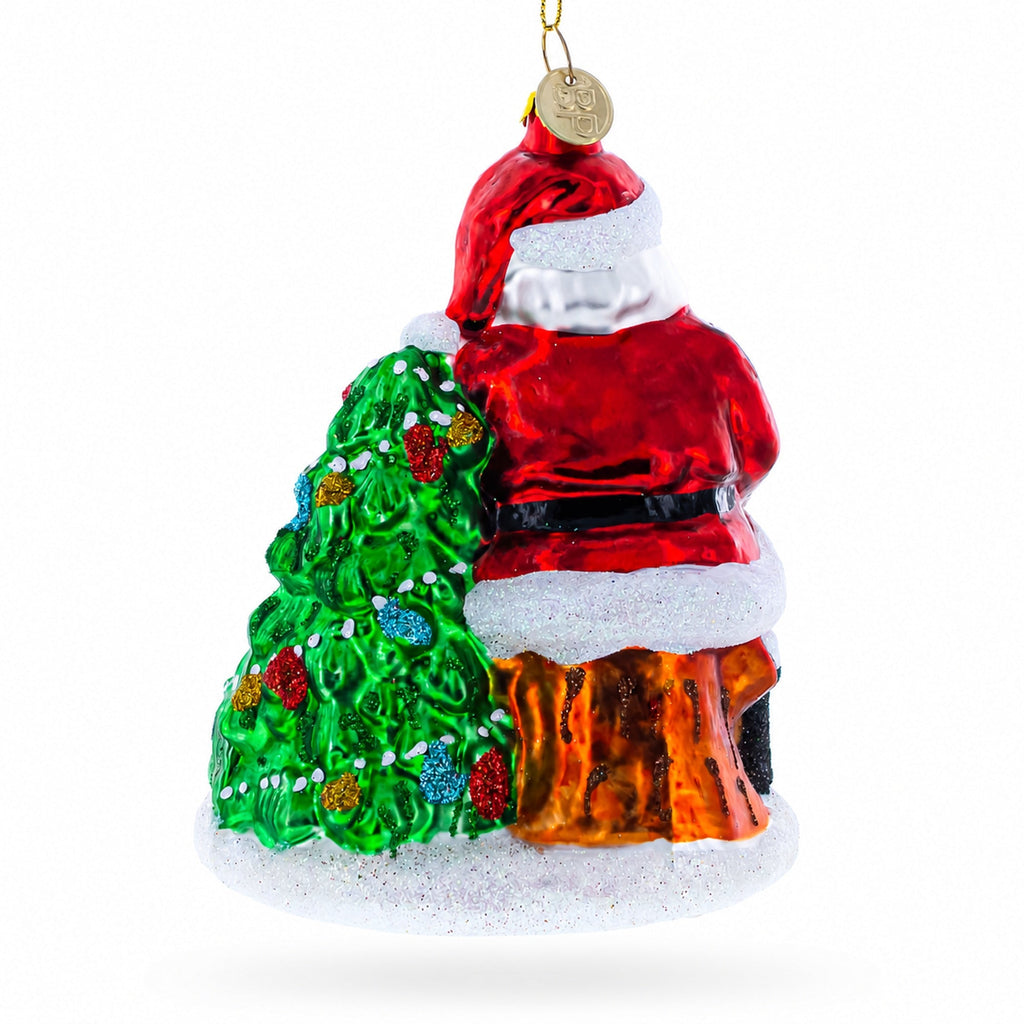 Santa with Puppy and Christmas Tree Glass Christmas Ornament