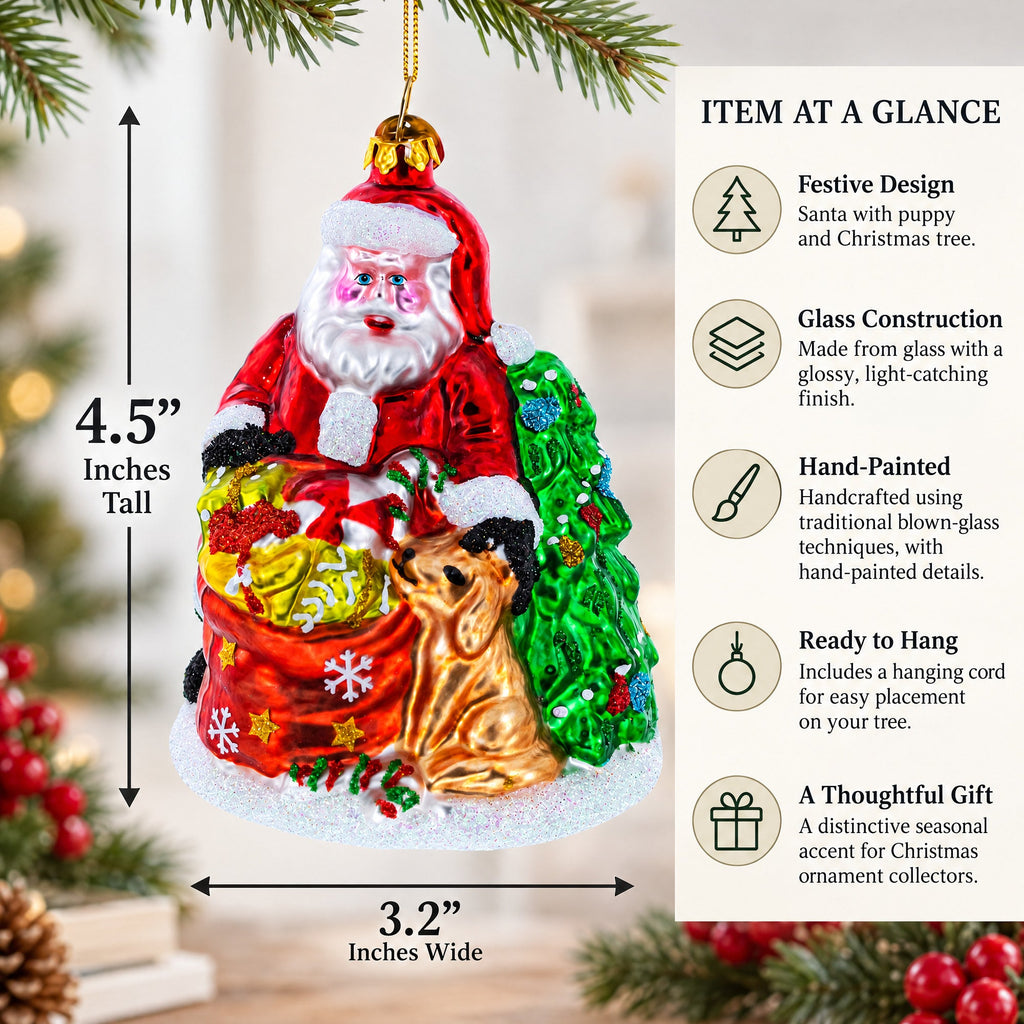 Santa with Puppy and Christmas Tree Glass Christmas Ornament