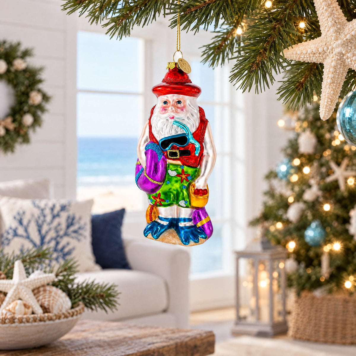 Tropical Diver Santa on the Beach Glass Christmas Ornament