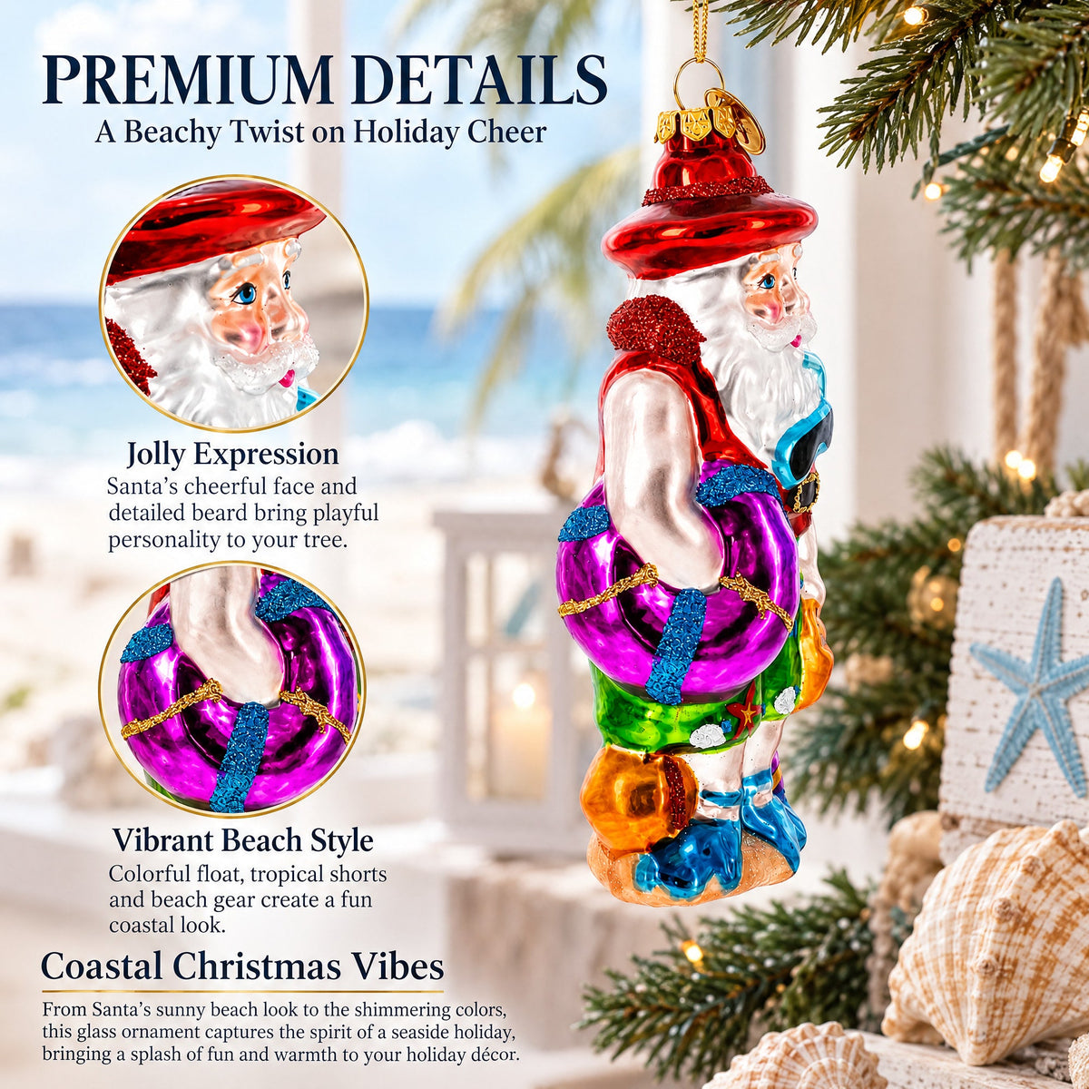 Tropical Diver Santa on the Beach Glass Christmas Ornament