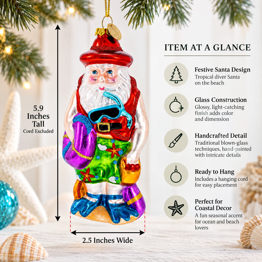 Tropical Diver Santa on the Beach Glass Christmas Ornament
