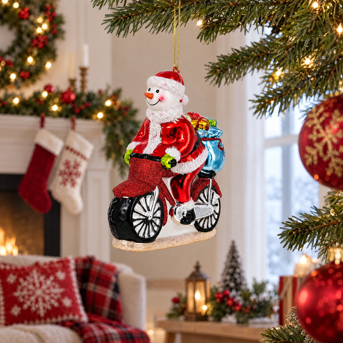 Snowman Biker on the Road Glass Christmas Ornament