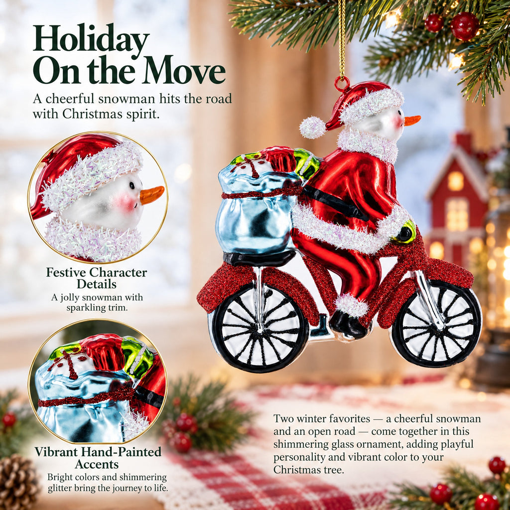 Snowman Biker on the Road Glass Christmas Ornament