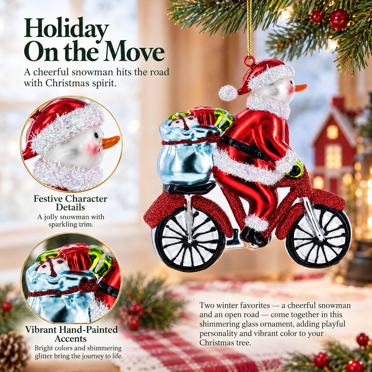 Snowman Biker on the Road Glass Christmas Ornament