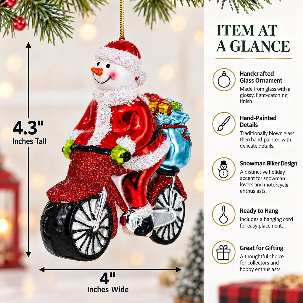 Snowman Biker on the Road Glass Christmas Ornament