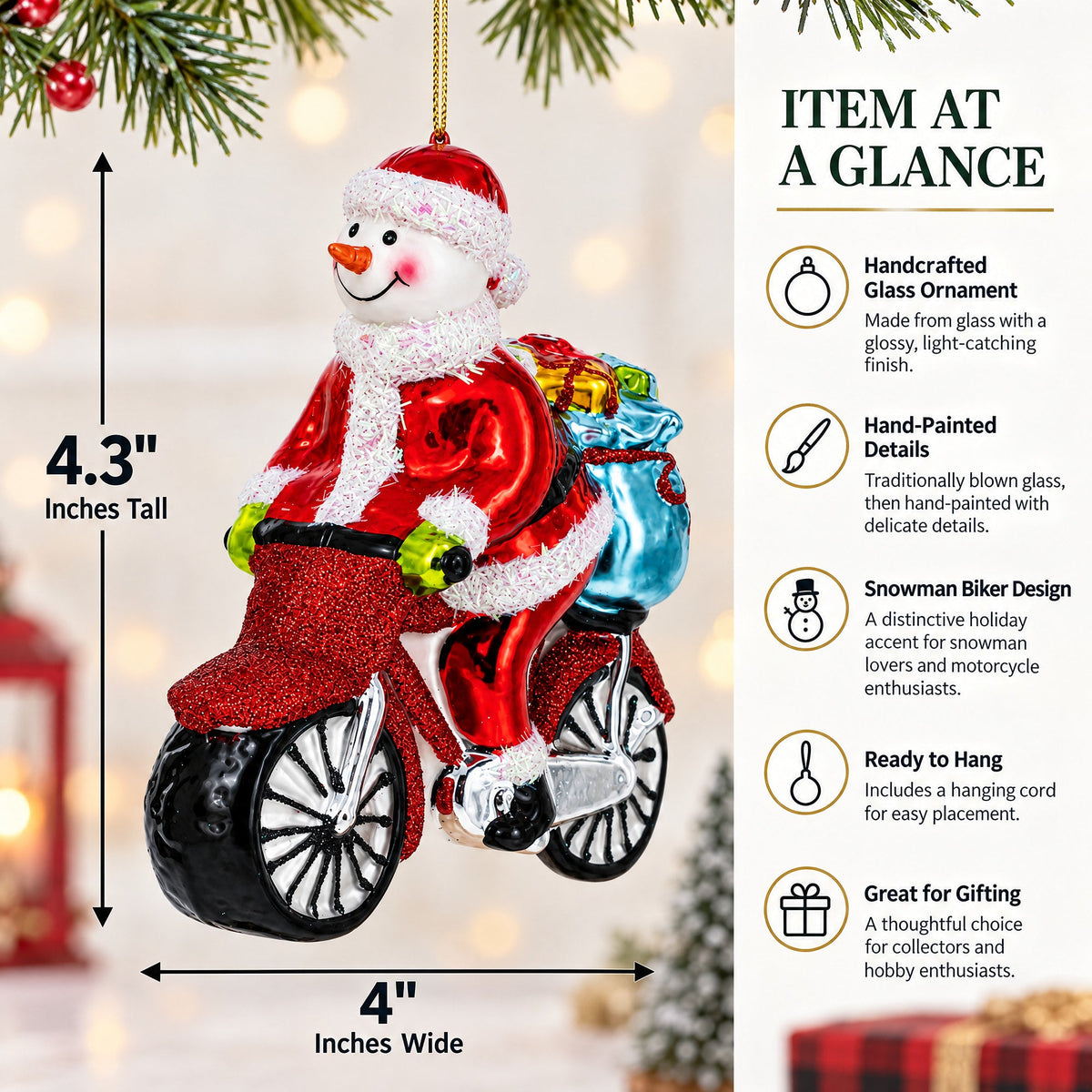 Snowman Biker on the Road Glass Christmas Ornament