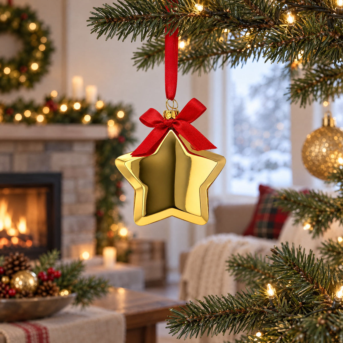 Golden Star Adorned with Red Bow Glass Christmas Ornament