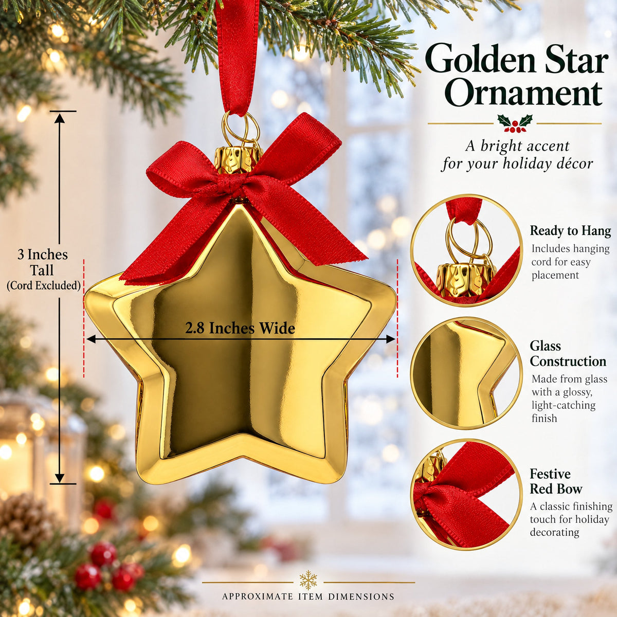 Golden Star Adorned with Red Bow Glass Christmas Ornament