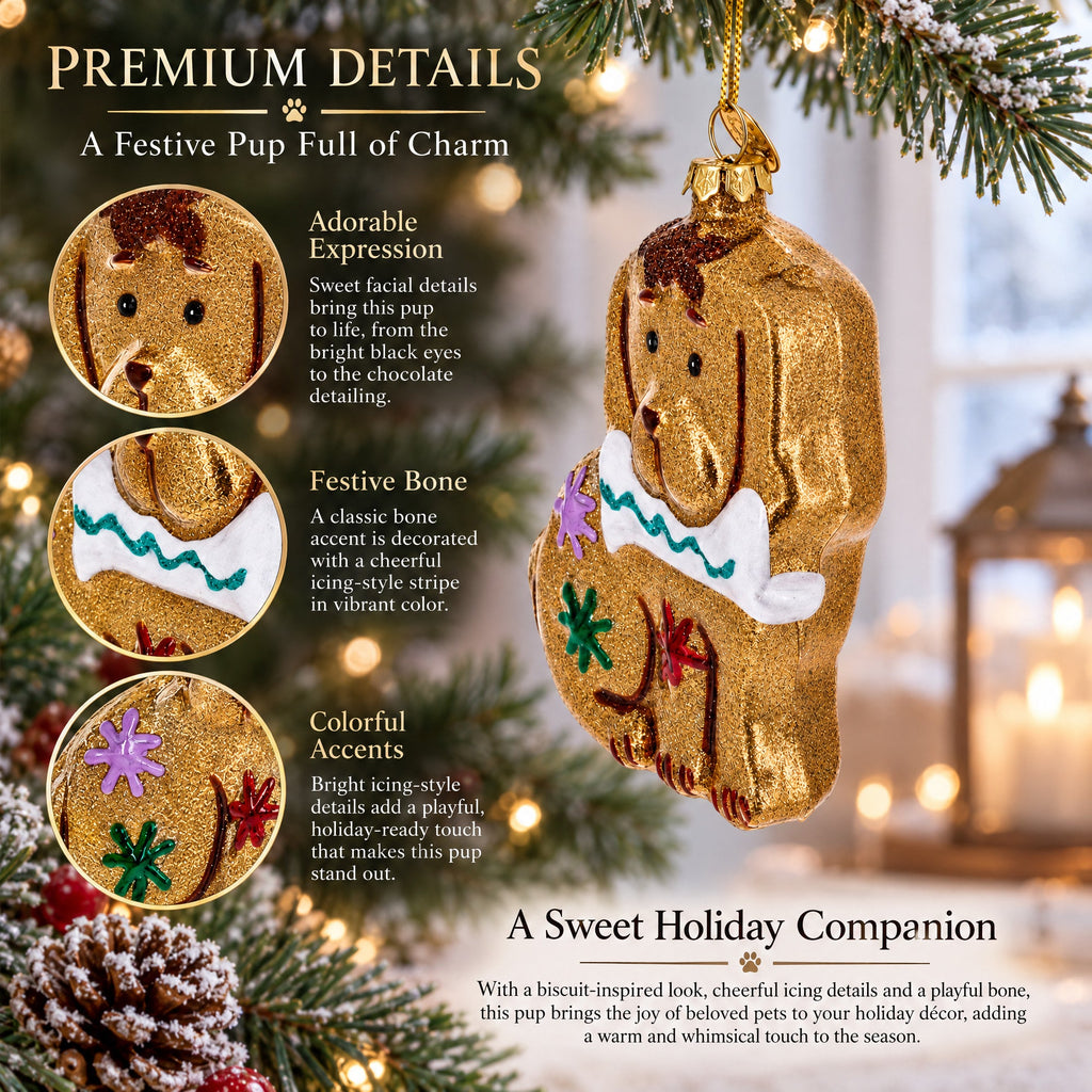 Gingerbread Dog with Bone Glass Christmas Ornament