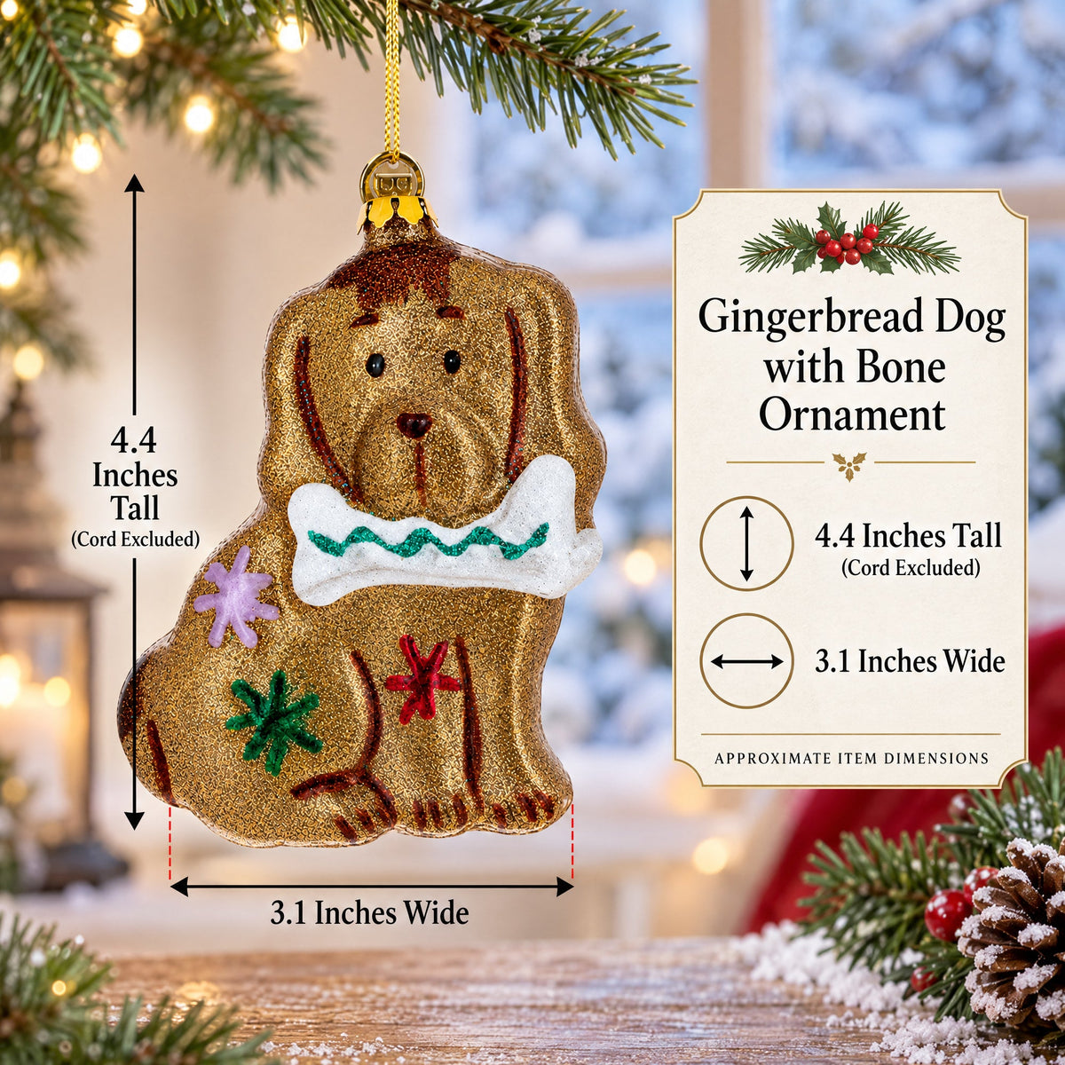 Gingerbread Dog with Bone Glass Christmas Ornament