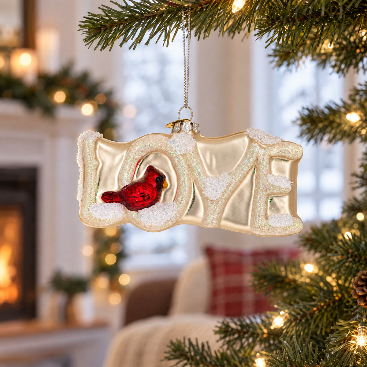 Love Letters Red Cardinal on Branch Glass Christmas Ornament