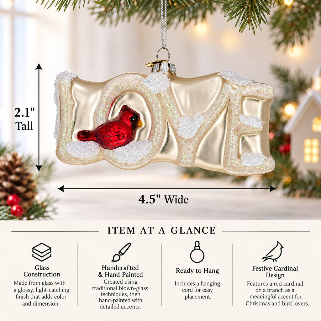 Love Letters Red Cardinal on Branch Glass Christmas Ornament