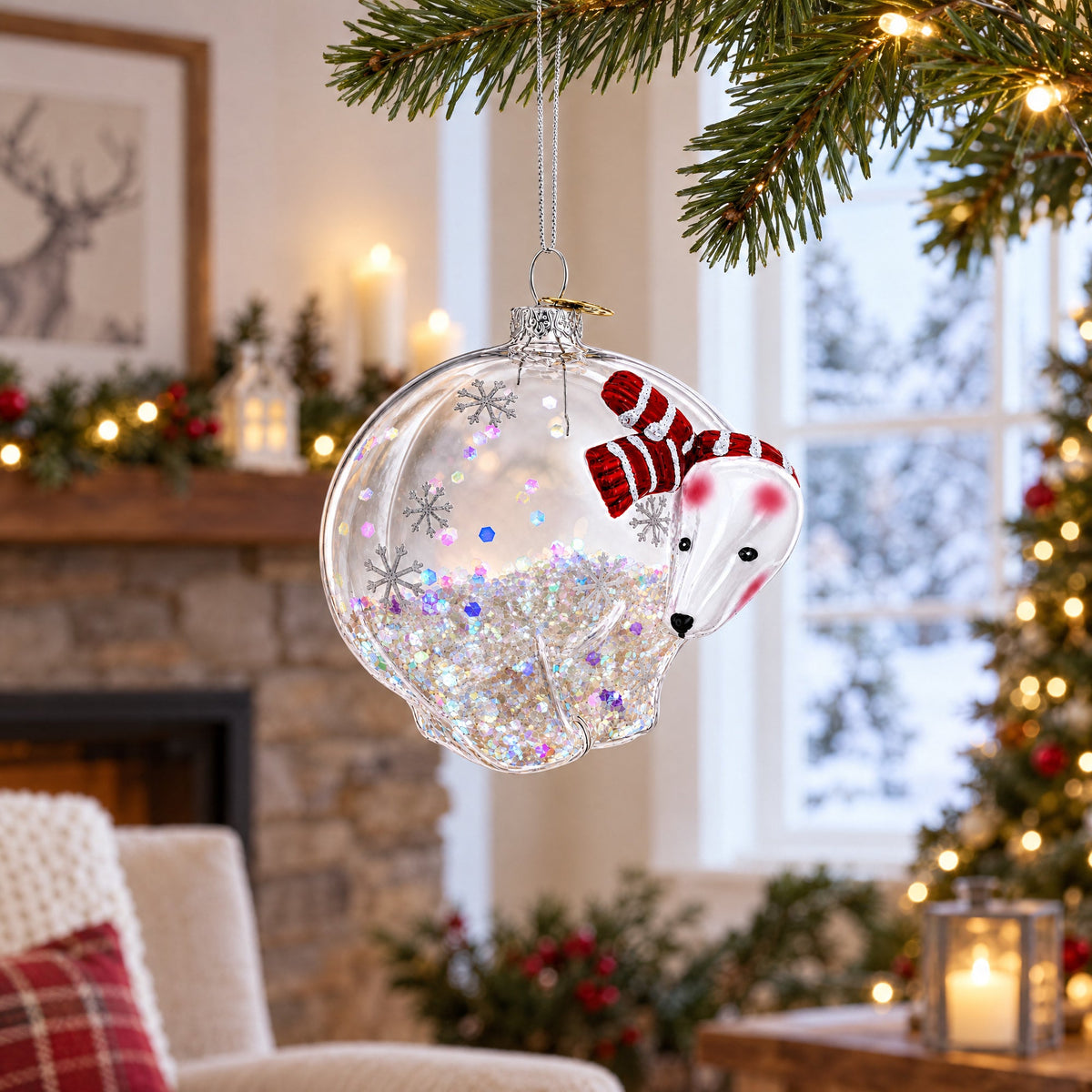 Clear Polar Bear Glass Christmas Ornament