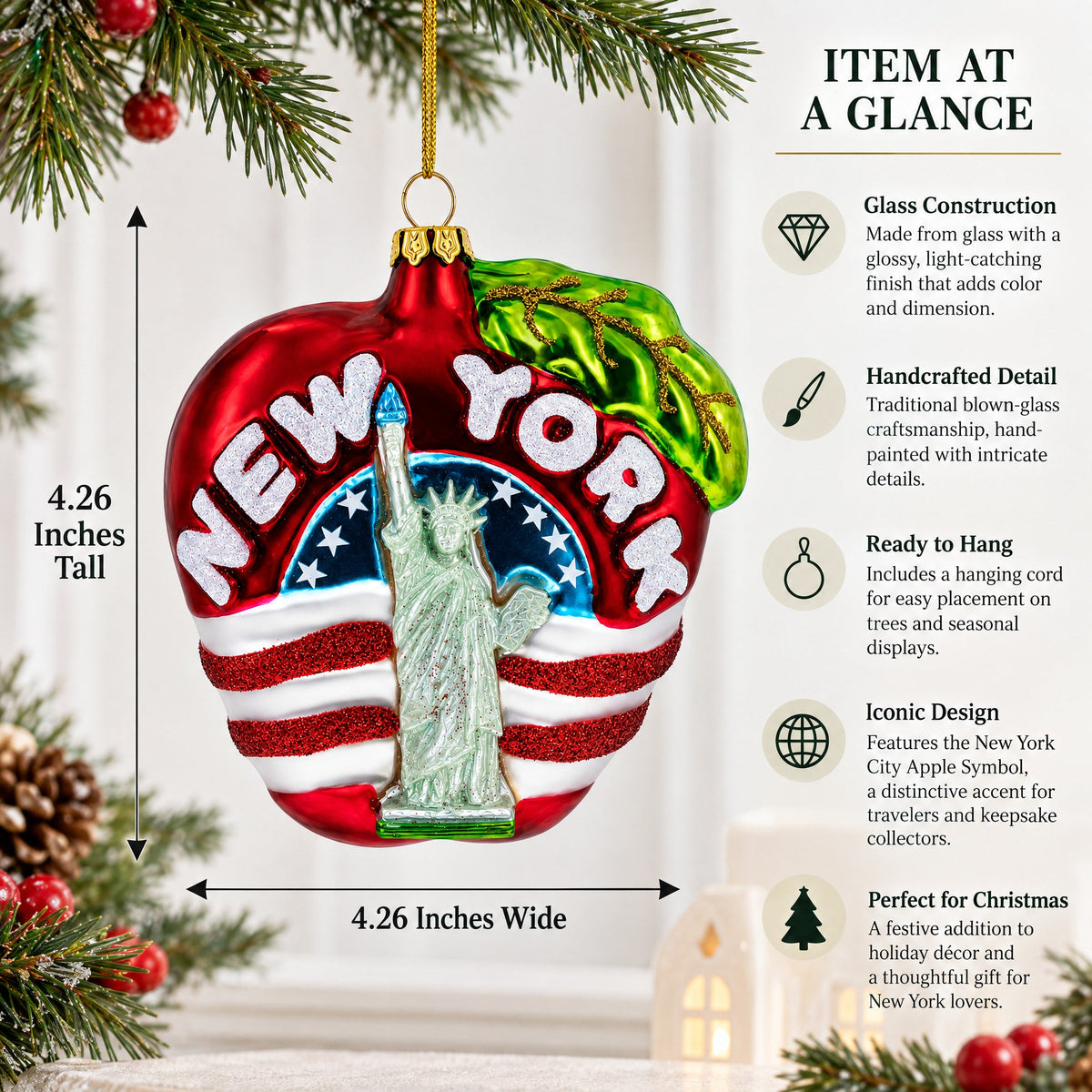 New York City Apple Symbol Glass Christmas Ornament