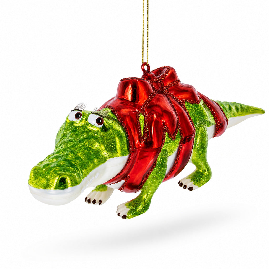 Alligator Adorned with Gift Ribbon Glass Christmas Ornament