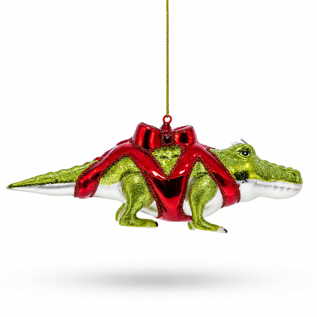 Alligator Adorned with Gift Ribbon Glass Christmas Ornament