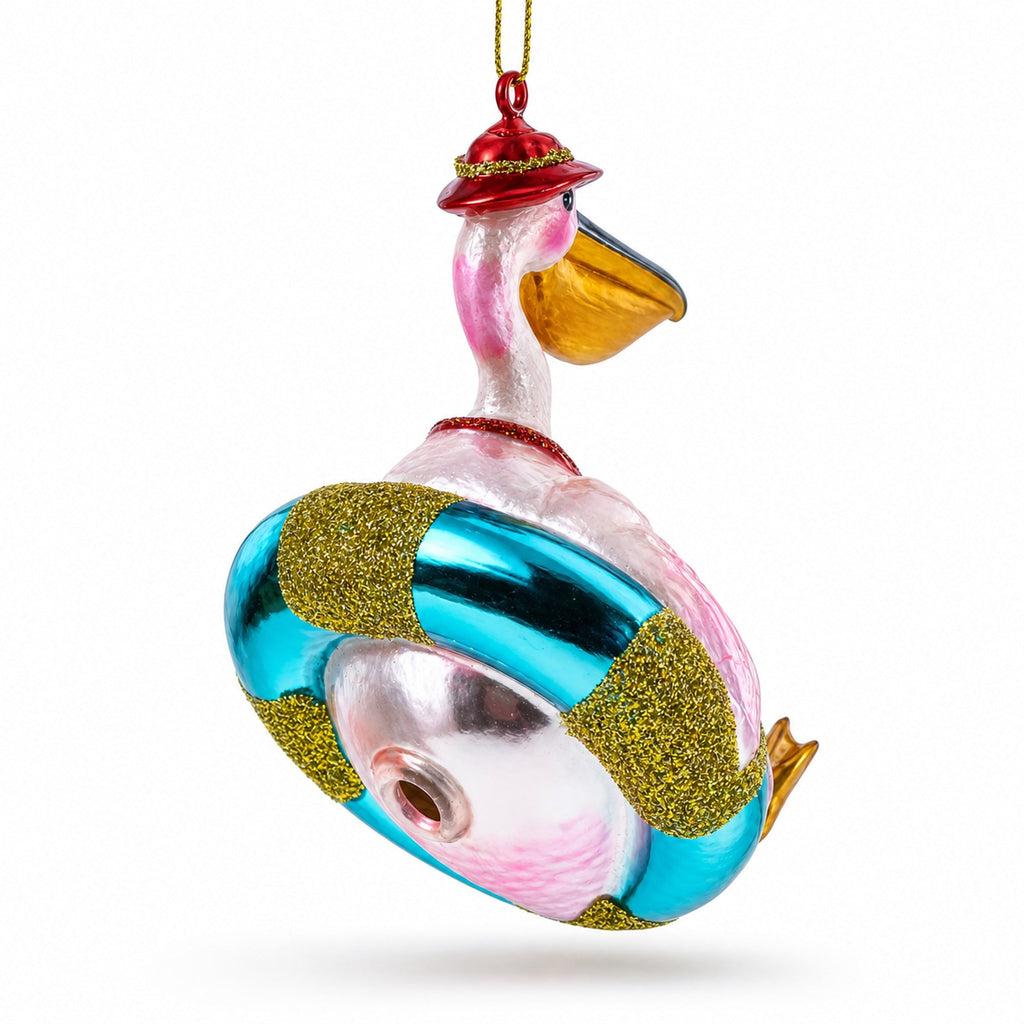 Pelican in Red Swimsuit with Hat on Pool Float Glass Christmas Ornament