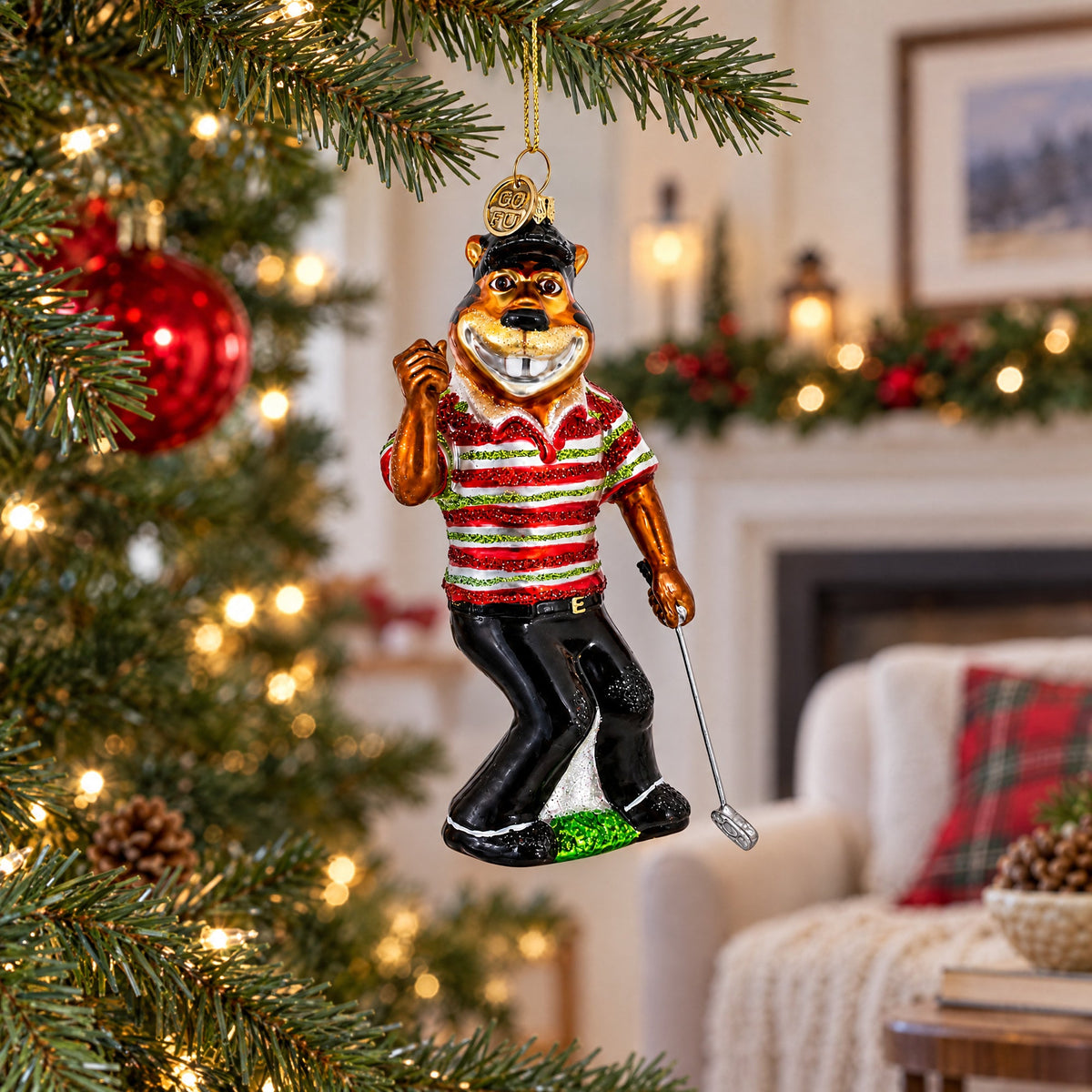 Sporty Tiger Engaged in Golf Glass Christmas Ornament