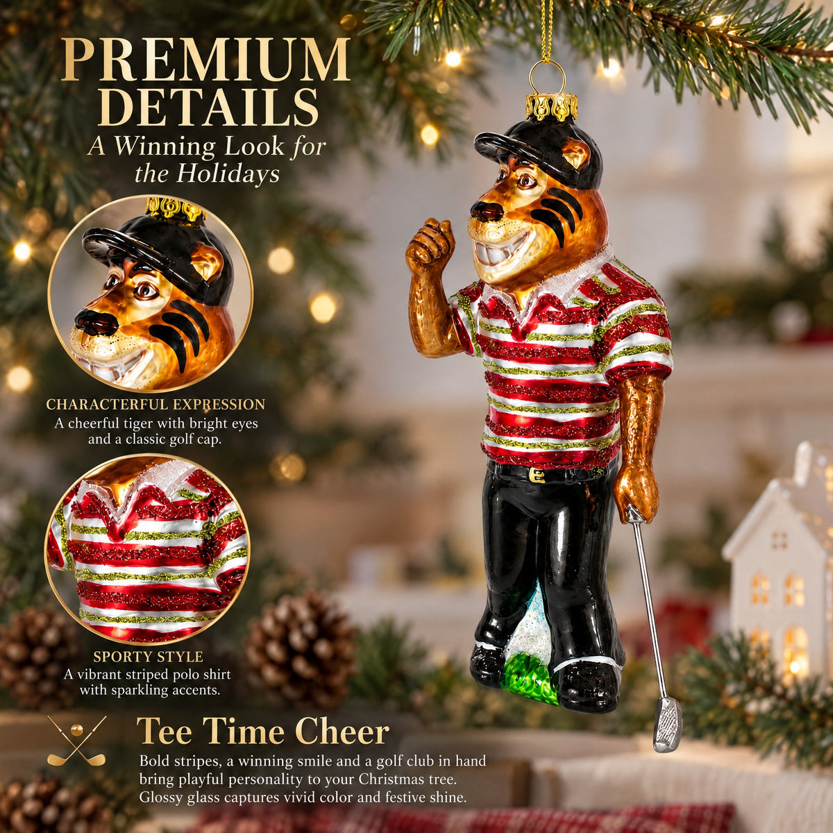 Sporty Tiger Engaged in Golf Glass Christmas Ornament