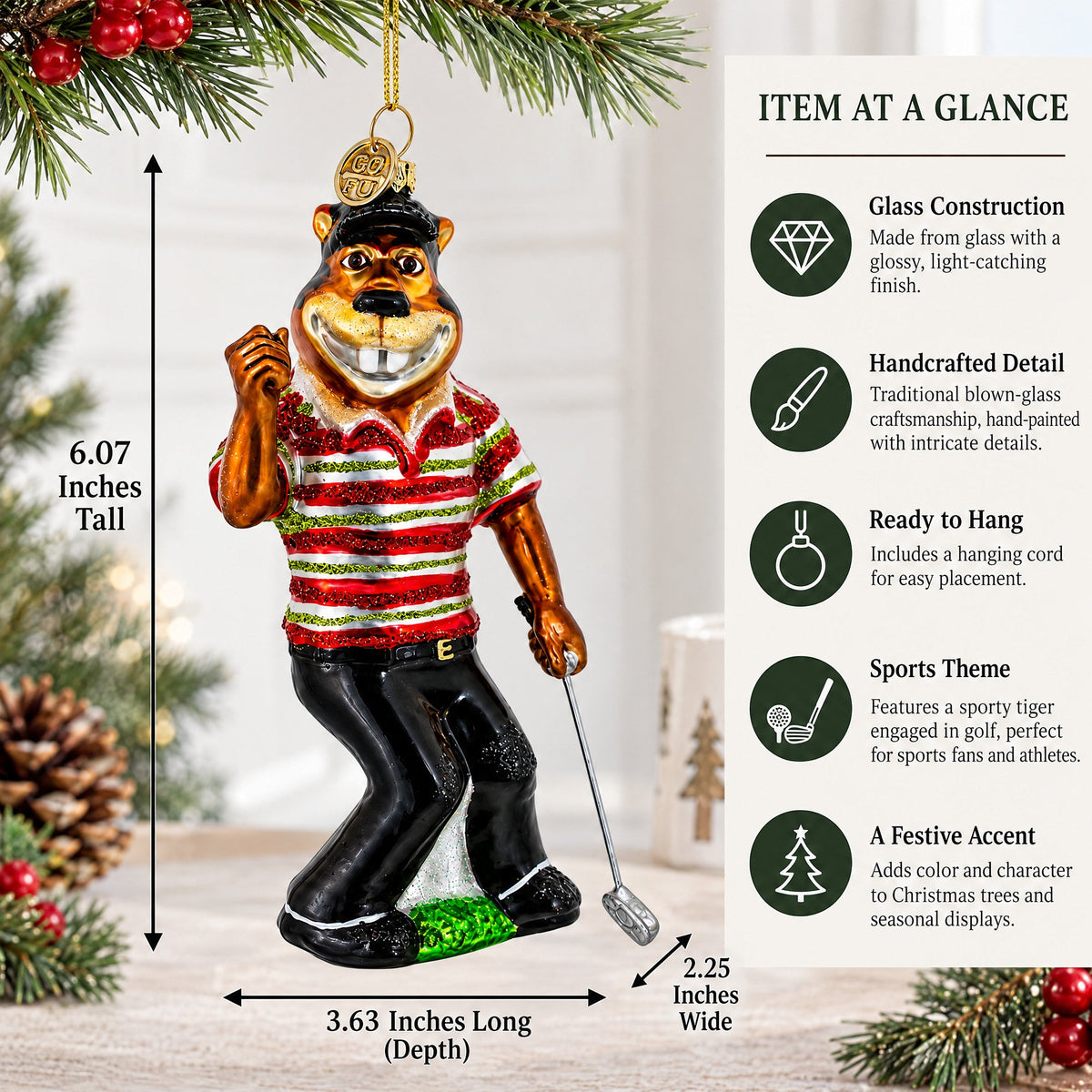 Sporty Tiger Engaged in Golf Glass Christmas Ornament