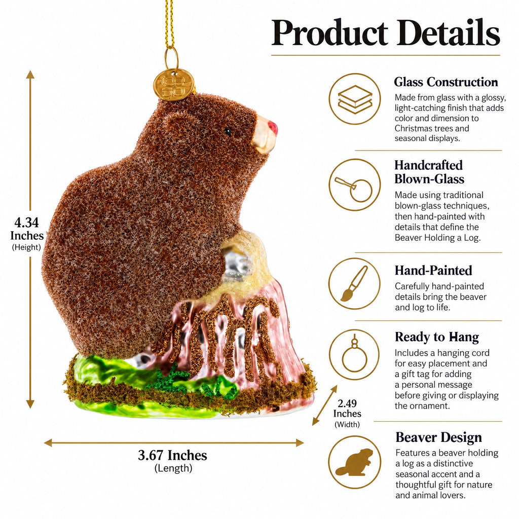 Beaver Holding a Log Glass Christmas Ornament