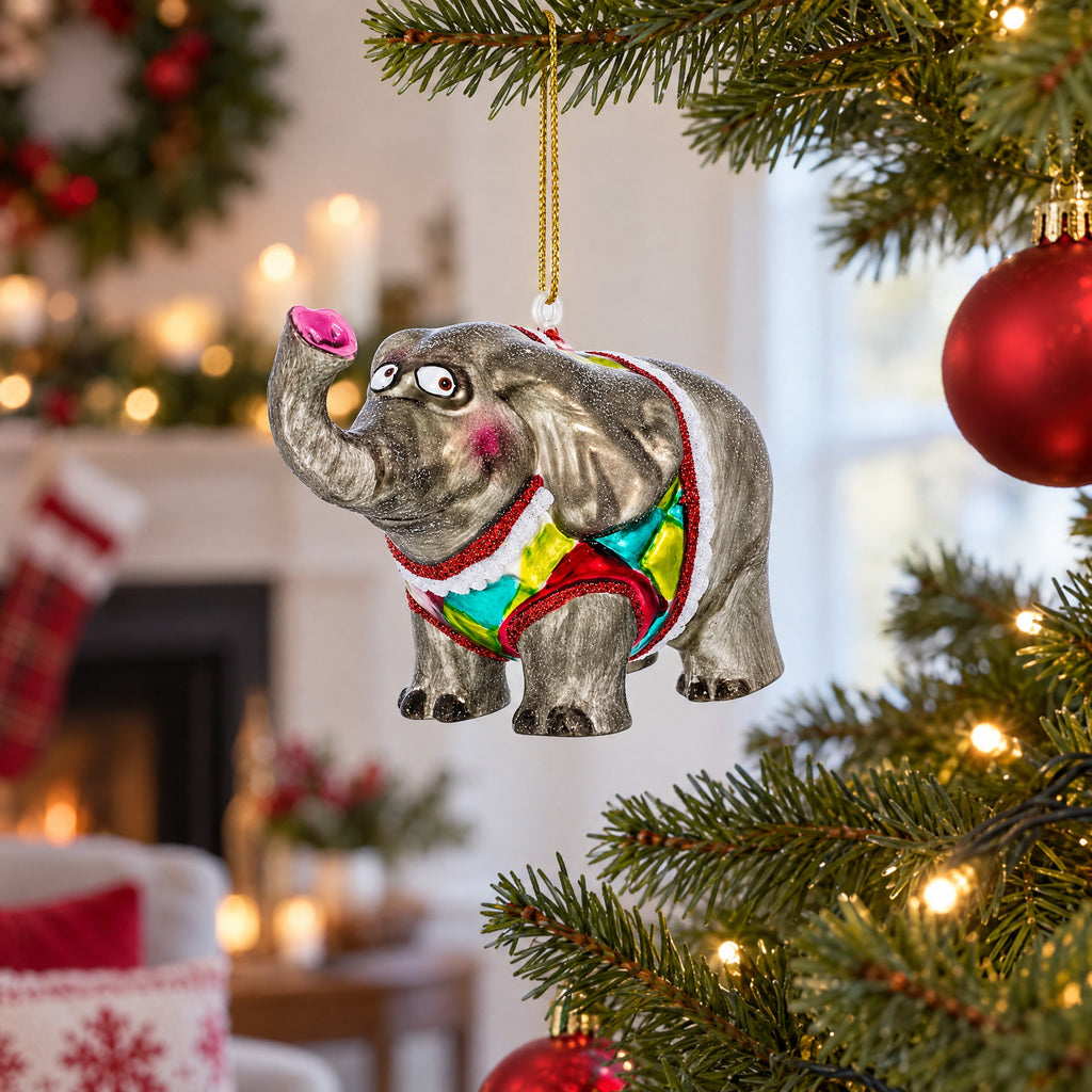 Circus Elephant Trumpeting Glass Christmas Ornament