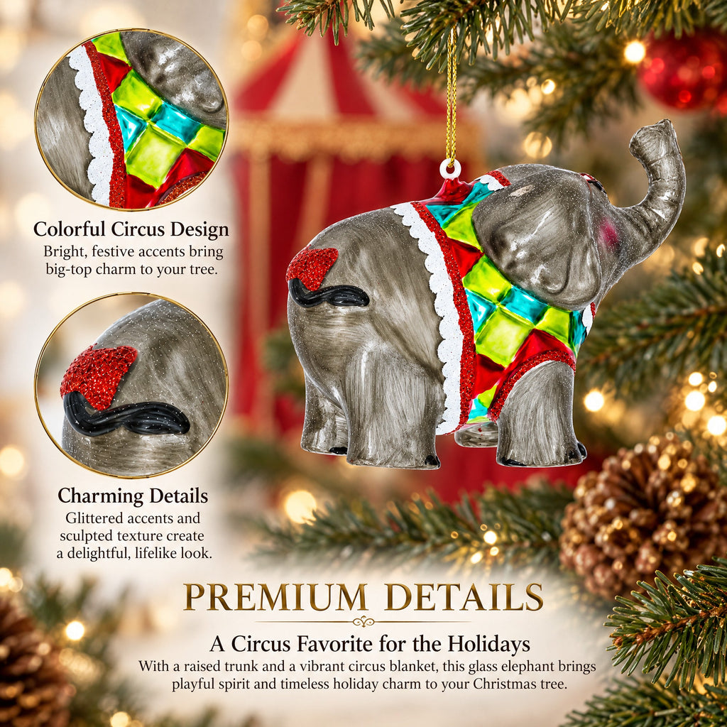 Circus Elephant Trumpeting Glass Christmas Ornament