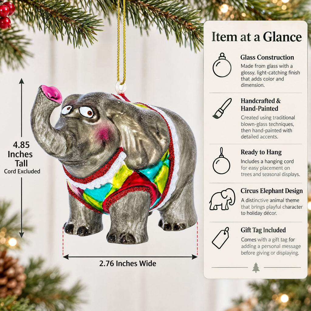 Circus Elephant Trumpeting Glass Christmas Ornament
