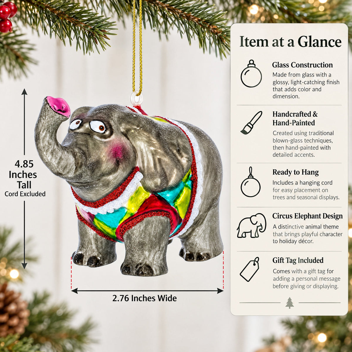 Circus Elephant Trumpeting Glass Christmas Ornament