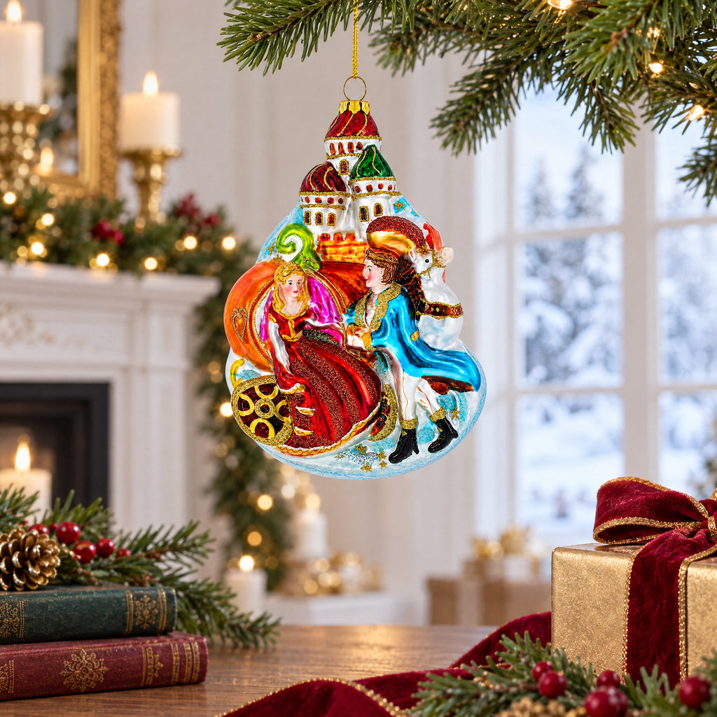 Enchanting Cinderella and Prince Glass Christmas Ornament