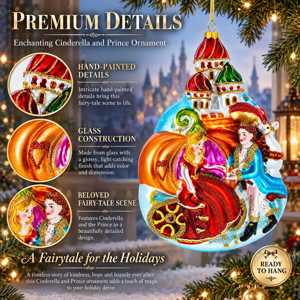 Enchanting Cinderella and Prince Glass Christmas Ornament