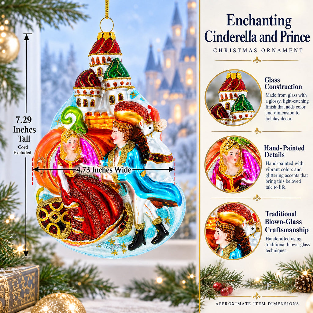 Enchanting Cinderella and Prince Glass Christmas Ornament
