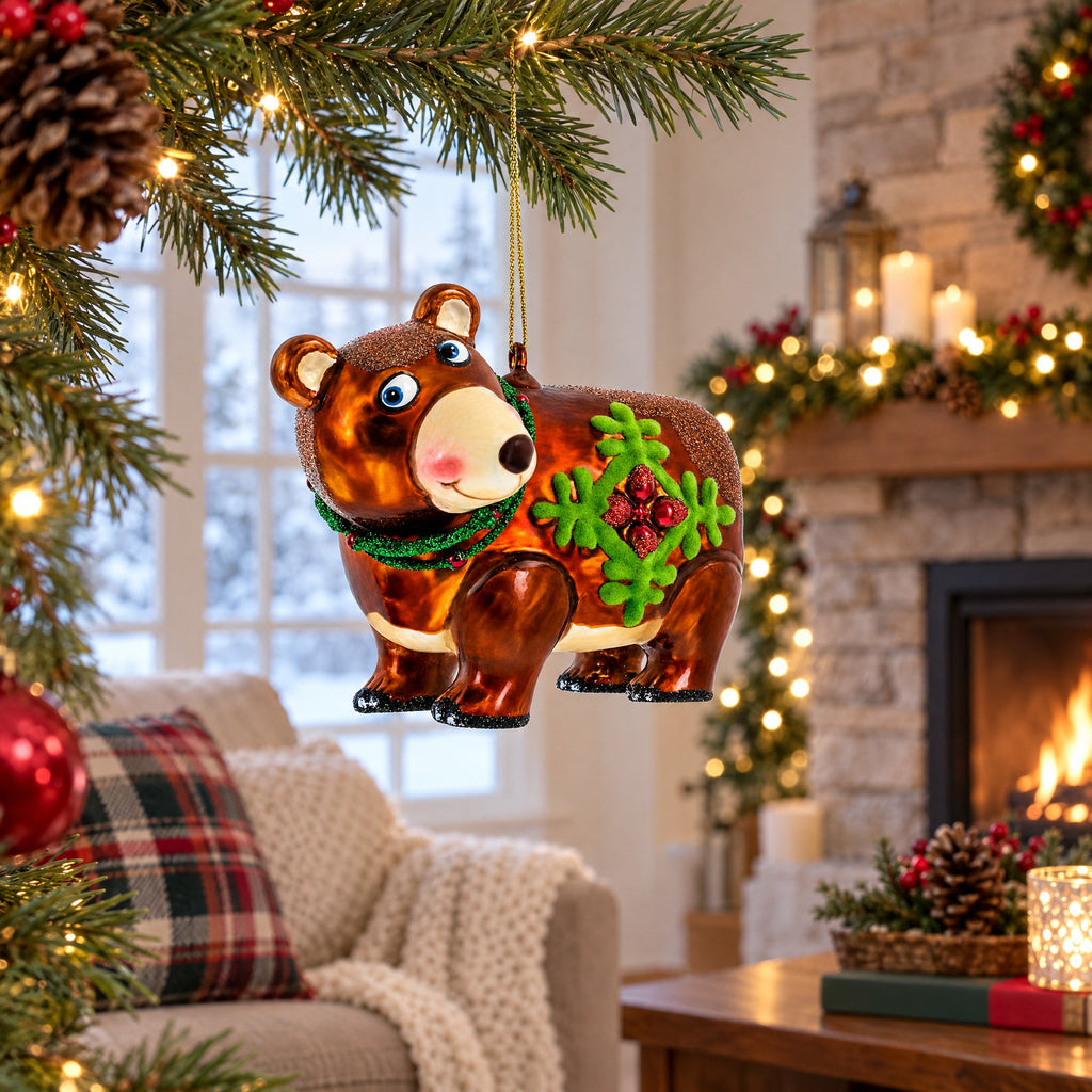 Brown Bear Holding a Poinsettia Glass Christmas Ornament