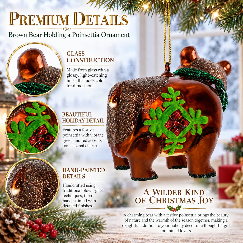 Brown Bear Holding a Poinsettia Glass Christmas Ornament