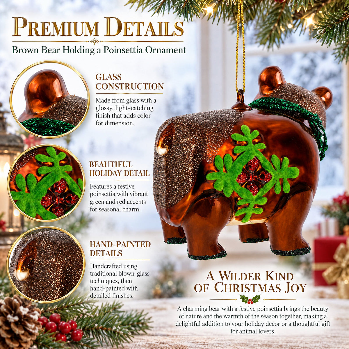 Brown Bear Holding a Poinsettia Glass Christmas Ornament