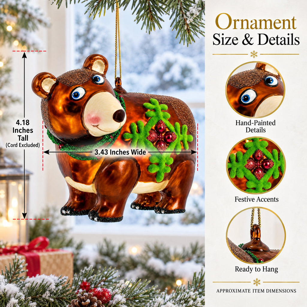 Brown Bear Holding a Poinsettia Glass Christmas Ornament