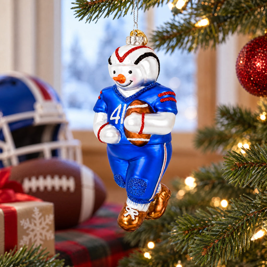Snowman Football Player Glass Christmas Ornament