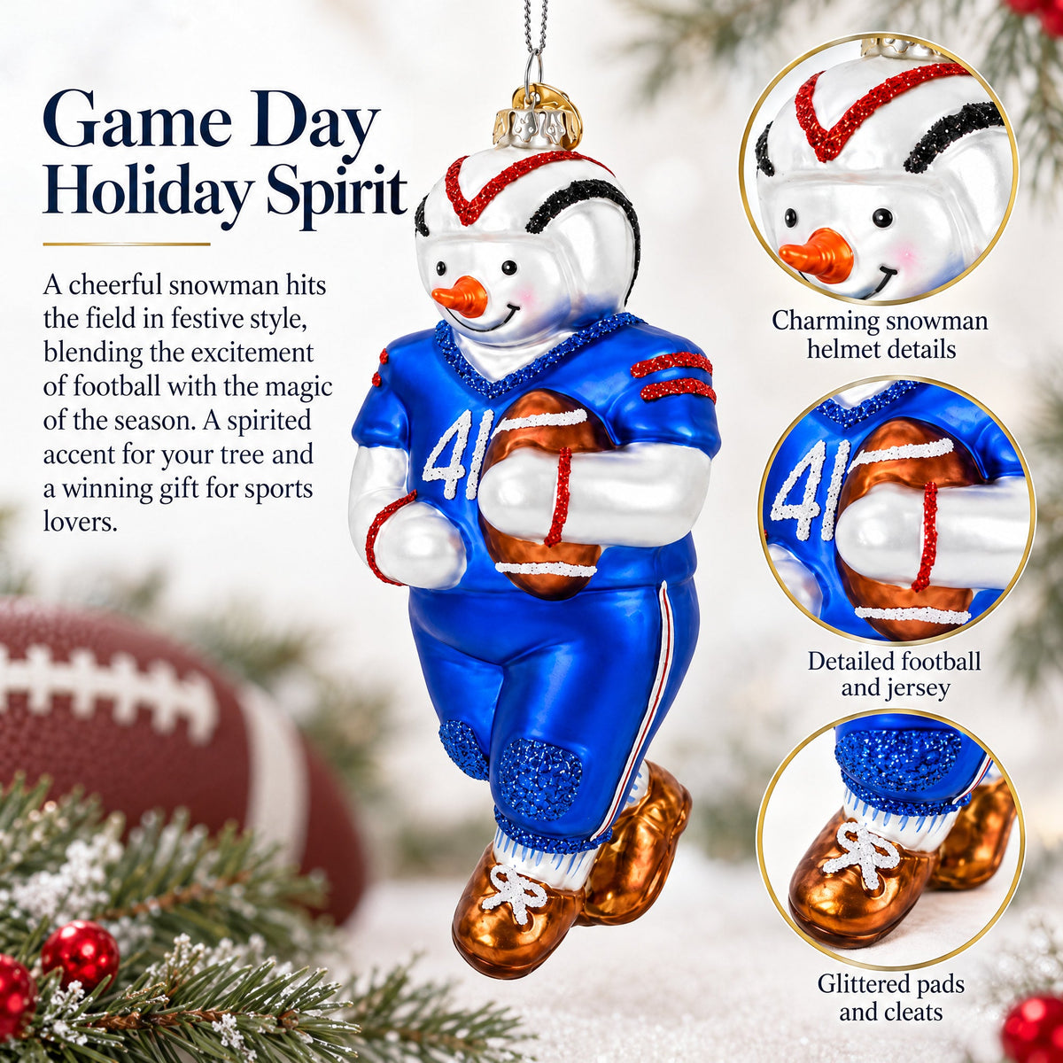 Snowman Football Player Glass Christmas Ornament