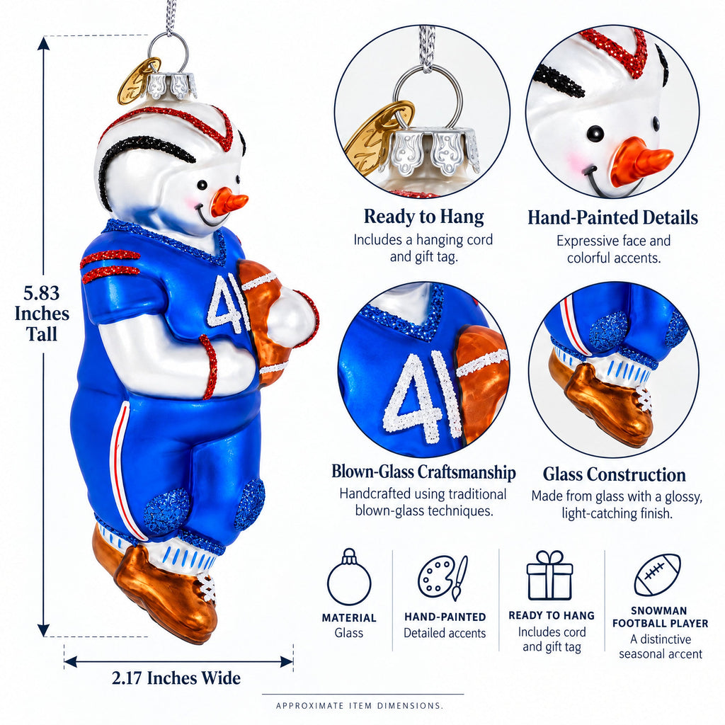 Snowman Football Player Glass Christmas Ornament