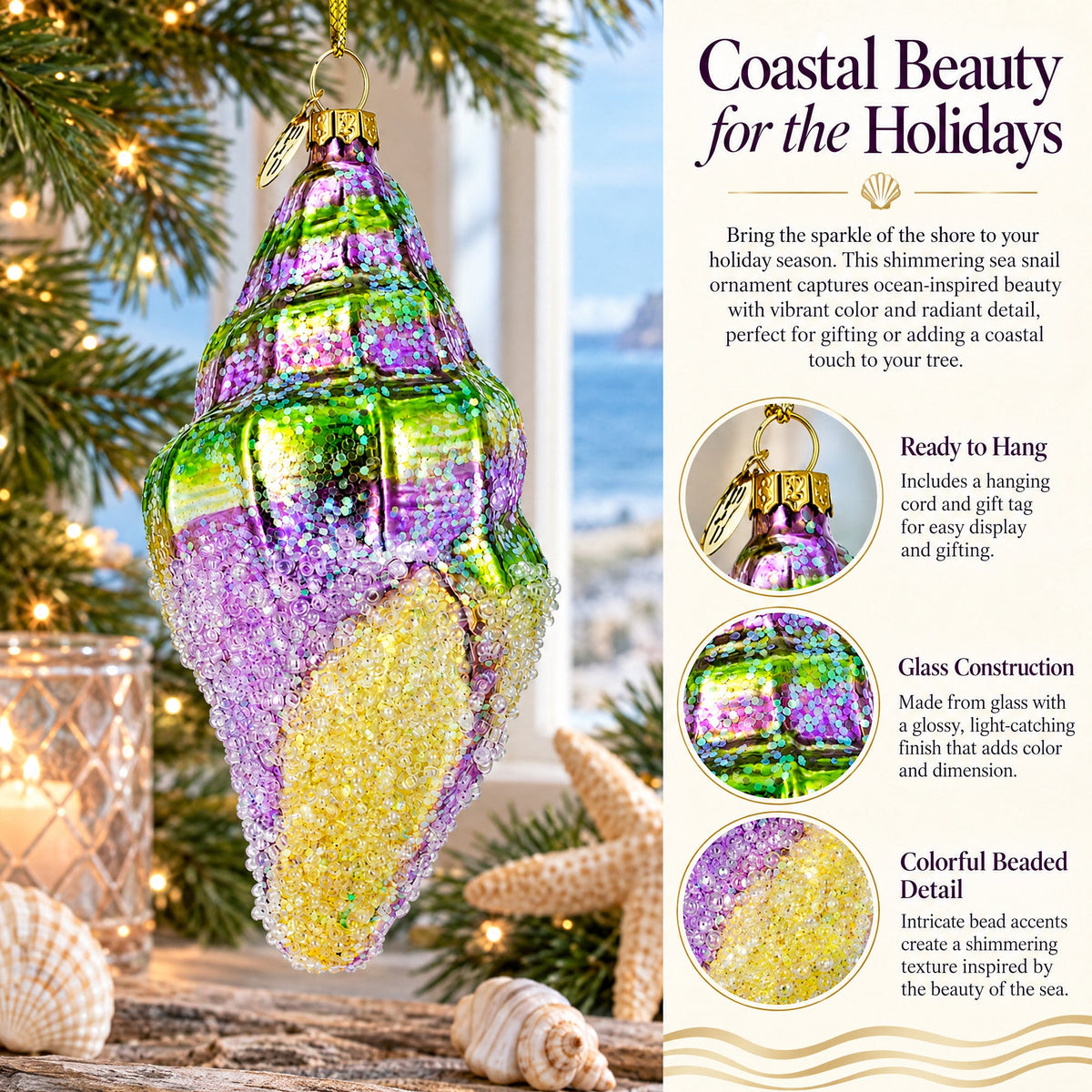 Sea Snail with Colorful Beads Glass Christmas Ornament