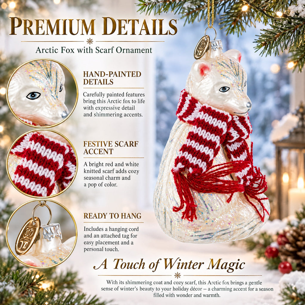 Arctic Fox with Scarf Glass Christmas Ornament
