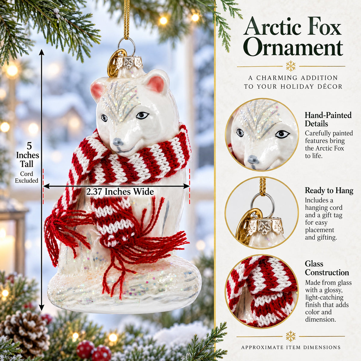 Arctic Fox with Scarf Glass Christmas Ornament